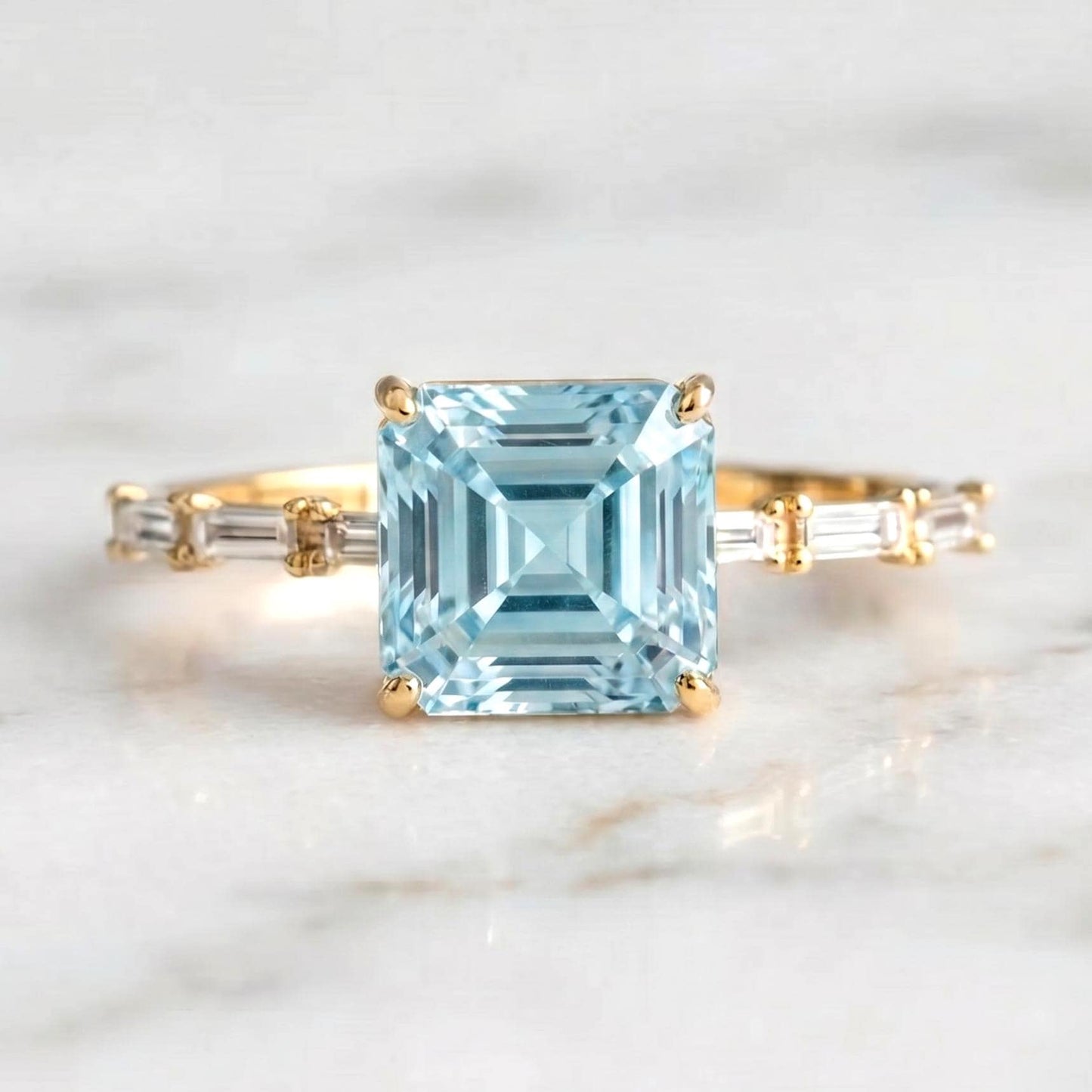 2.6 carat Aquamarine Asscher Cut with Baguette Lab Grown Diamond side stone E, VVS2 Engagement Ring 18k Yellow Gold, Perfect gift for her. Asscher cut 1Ct Natural Aquamarine engagement ring in 935 Argentium Silver — custom handcrafted by Forever For Love