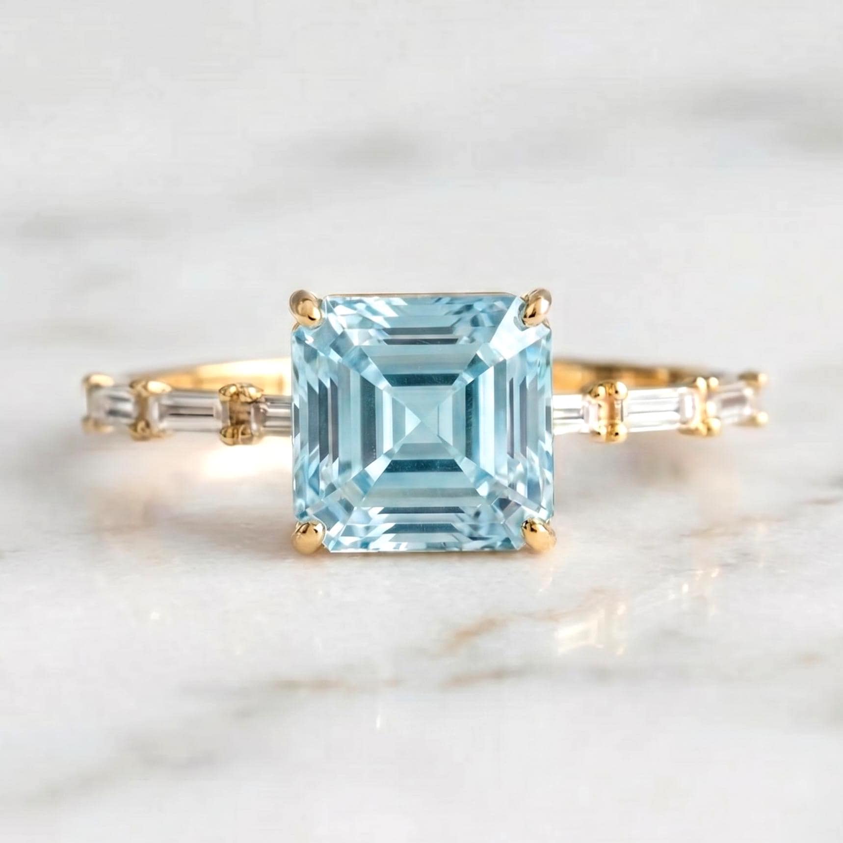 2.6 carat Aquamarine Asscher Cut with Baguette Lab Grown Diamond side stone E, VVS2 Engagement Ring 18k Yellow Gold, Perfect gift for her.