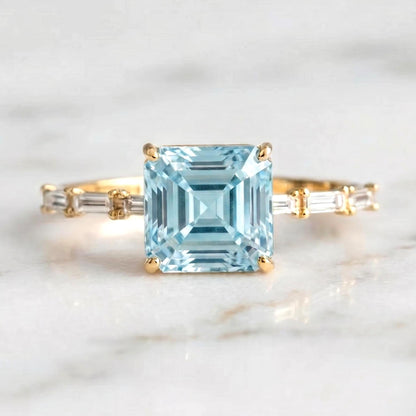 2.6 carat Aquamarine Asscher Cut with Baguette Lab Grown Diamond side stone E, VVS2 Engagement Ring 18k Yellow Gold, Perfect gift for her.