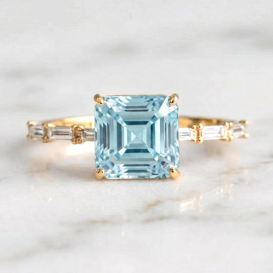 2.6 carat Aquamarine Asscher Cut with Baguette Lab Grown Diamond side stone E, VVS2 Engagement Ring 18k Yellow Gold, Perfect gift for her.
