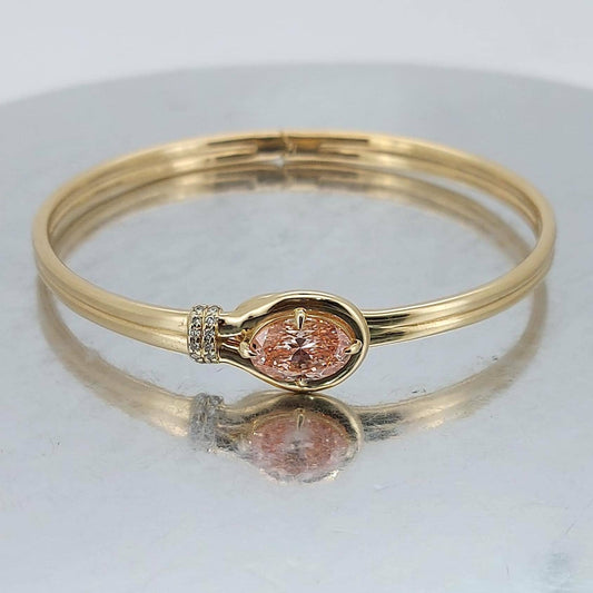 Solid Gold Bangle Bracelet for Women, Pink Oval Cut Diamond Bracelet Bangle, Diamond Bangle Bracelet, Gift For Her