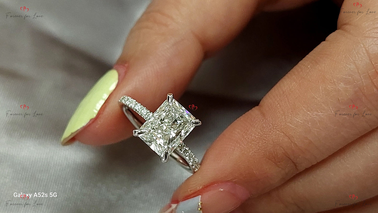 2.5 Ct IGI Certified Radiant Lab Diamond Hidden Halo Engagement Ring Radiant cut 1Ct Moissanite Brilliant Cut engagement ring in 935 Argentium Silver — custom handcrafted by Forever For Love
