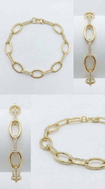 14K massives Gold-Paperclip-Armband, zartes Goldarmband, Labor-Diamant-Pavé-Armband, Jahrestagsgeschenk für sie.