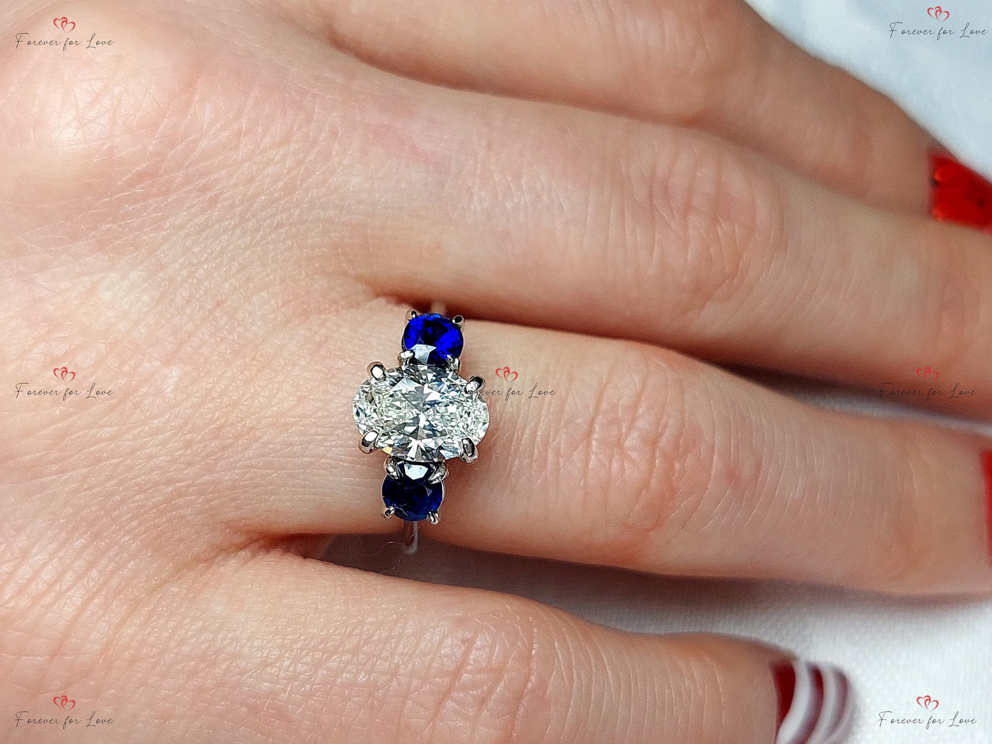 2 Ct Oval Sapphire & Diamond Engagement Ring Oval cut 1Ct Natural Sapphire engagement ring in 935 Argentium Silver — custom handcrafted by Forever For Love