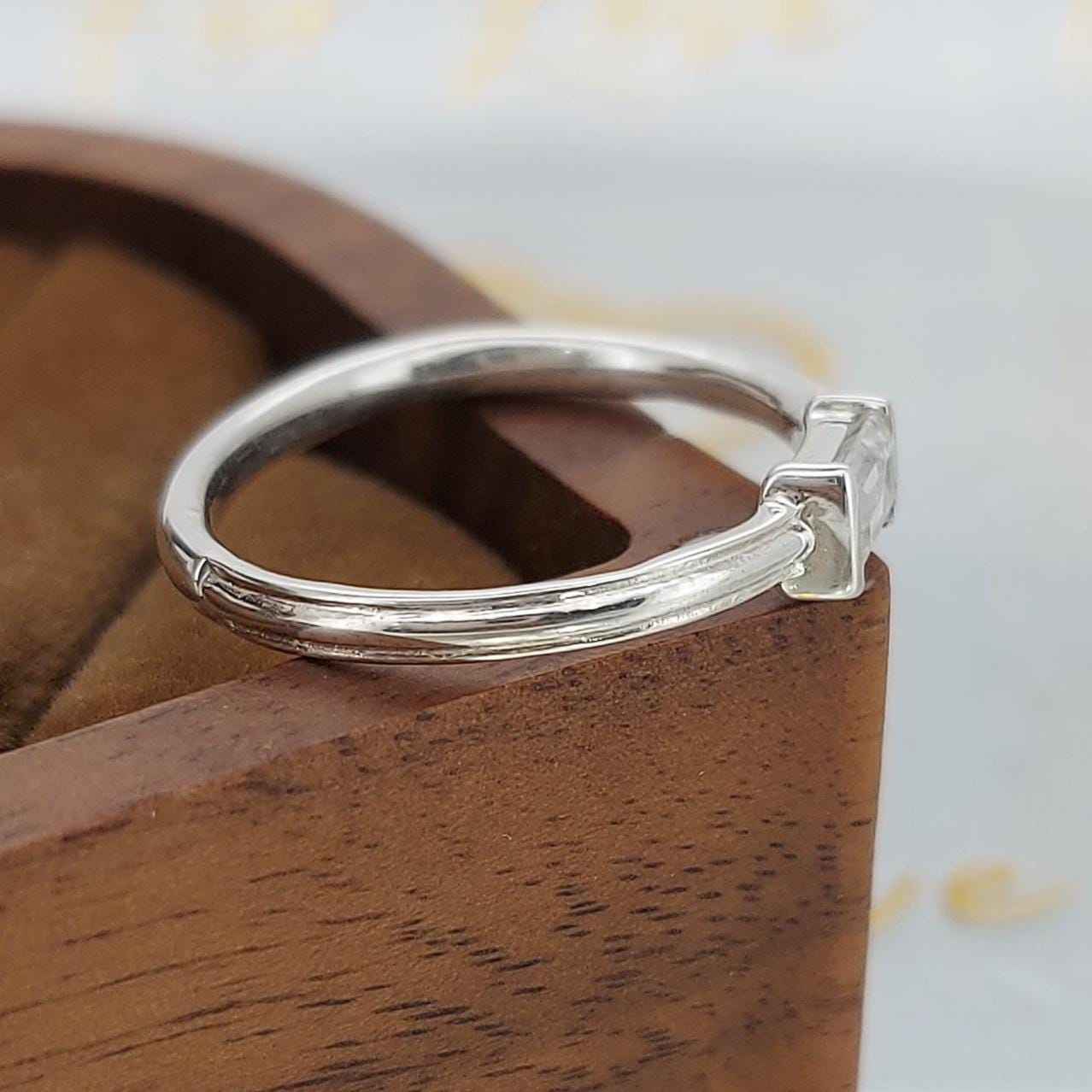 Baguette Lab Diamond Stacking Ring Baguette cut Moissanite Brilliant Cut engagement ring in 935 Argentium Silver — custom handcrafted by Forever For Love