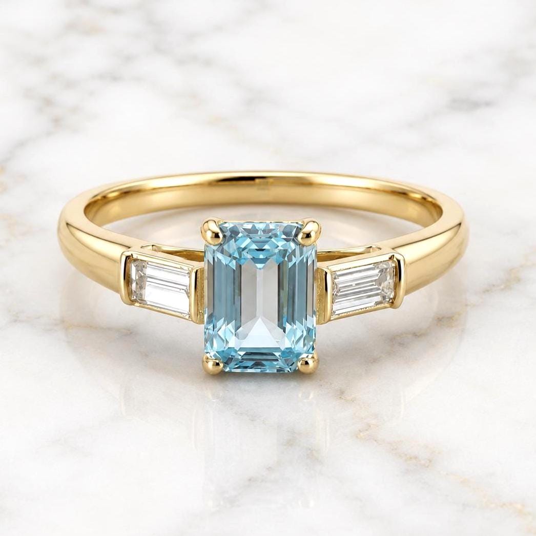 2.4 ct Aquamarine Emerald Ring 14K solid gold Aquamarine Emerald and Lab Diamond Baguette Minimalist Ring, Emerald ring, Gift for her. Emerald cut 1Ct Natural Aquamarine engagement ring in 935 Argentium Silver — custom handcrafted by Forever For Love