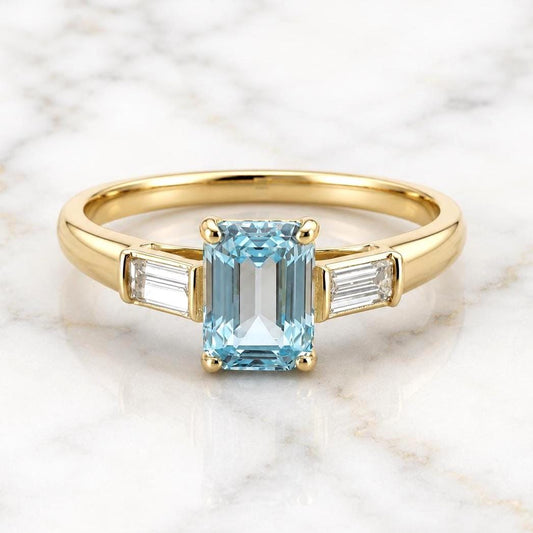 2.4 ct Aquamarine Emerald Ring 14K solid gold Aquamarine Emerald and Lab Diamond Baguette Minimalist Ring, Emerald ring, Gift for her.