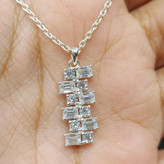 Baguette & Round Diamond Necklace Pendant, 18K white Gold Necklace, Art Deco Asymmetrical  Pendant, Minimalist Elegant Necklace Gift for Her