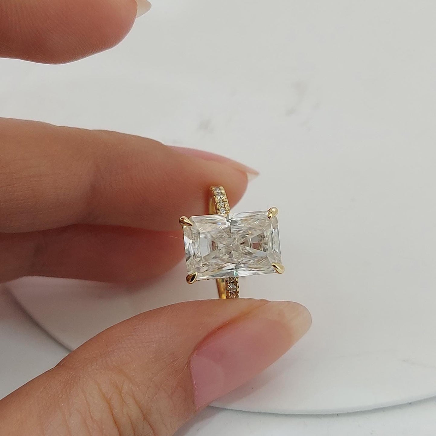 Bague Éternité Moissanite Radiant de 5 carats Radiant cut 1Ct Moissanite taille brillant engagement ring in Gold or Platinum — custom handcrafted by Forever For Love