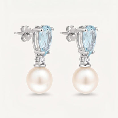 14k Gold Birnenförmige Aquamarin- und Perlenohrringe, runder Labor-Diamant, Aquamarin-Birnenohrringe, Massivgold-Ohrringe, perfektes Geschenk