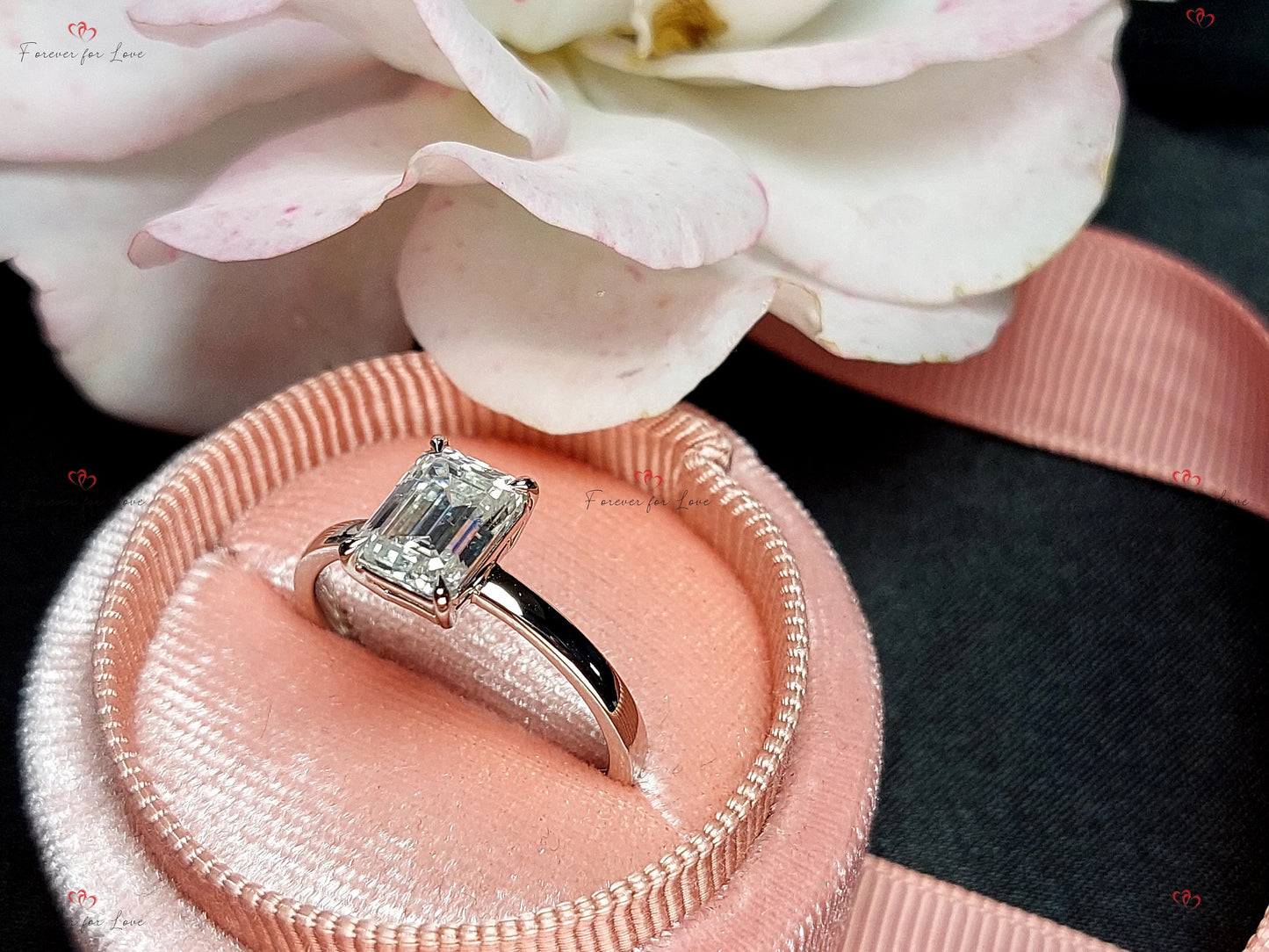 1.5 Ct IGI Certified Emerald Diamond, Emerald Hidden Halo Engagement Ring Emerald cut 1Ct Moissanite Brilliant Cut engagement ring in 935 Argentium Silver — custom handcrafted by Forever For Love
