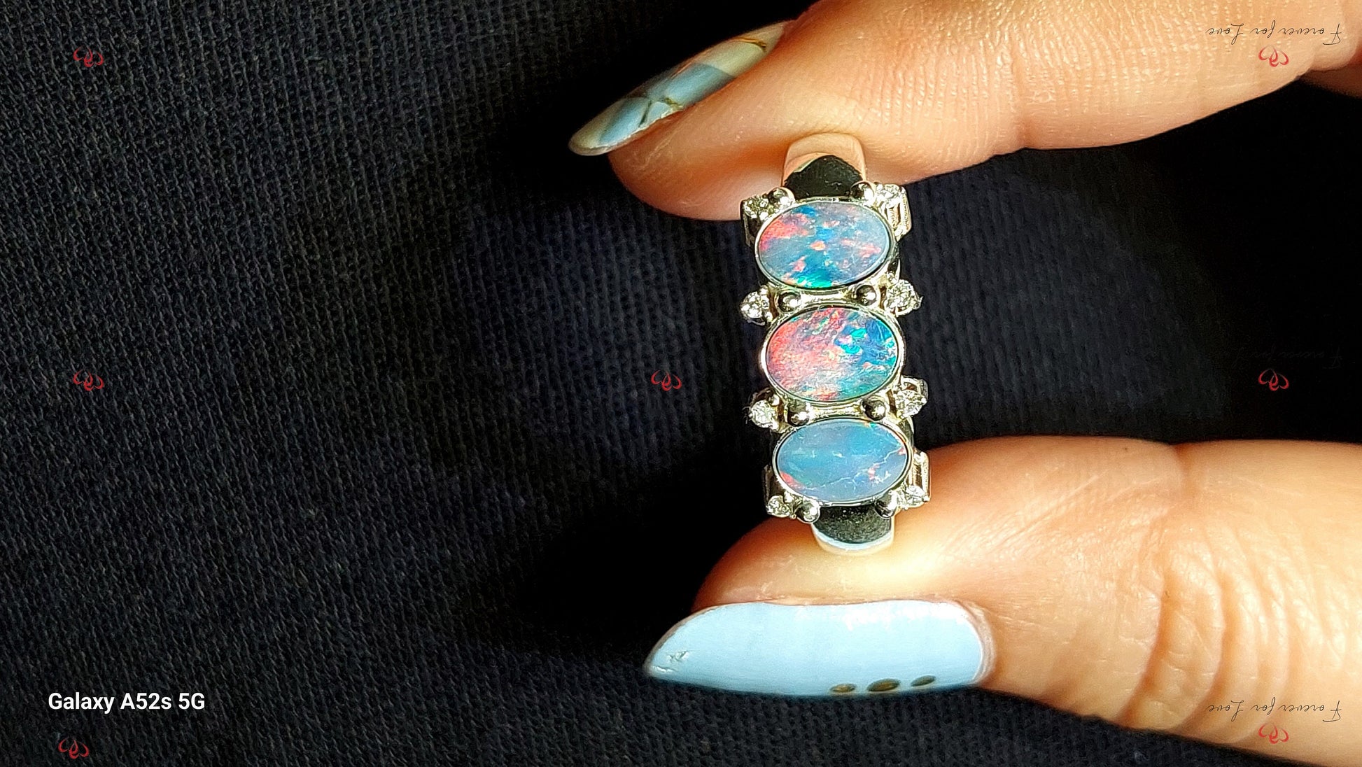 Oval Natural Diamond, Opal Three Stone Engagement Ring
