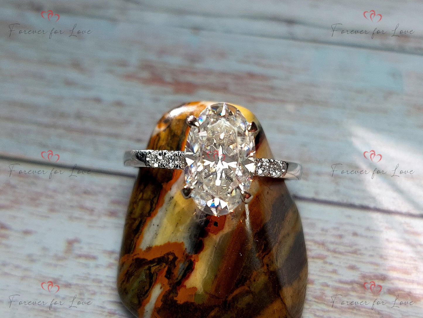 3 Ct Oval Lab Diamond Engagement Ring with Diamond Accents Oval cut 1Ct Moissanite Brilliant Cut engagement ring in 935 Argentium Silver — custom handcrafted by Forever For Love