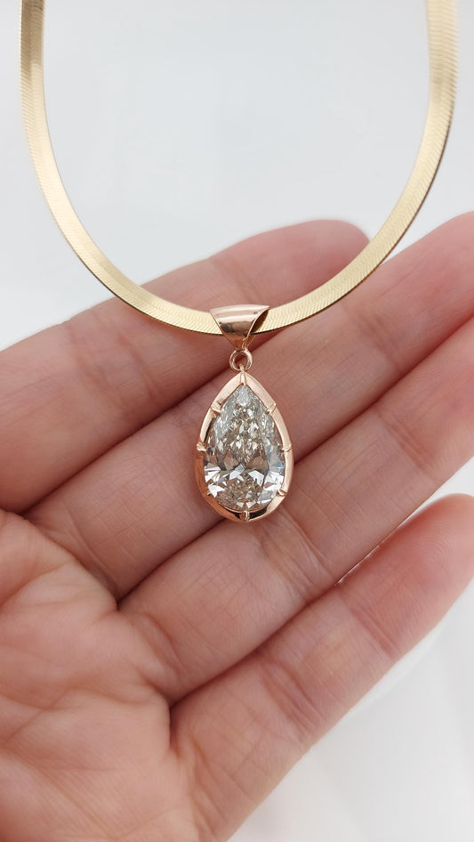 Pear Cut Diamond Solitaire Floating Pendant with 18 inch Chain, IGI Certified 6 Carat F Color VS1 Clarity 14k Yellow Gold, Lab Grown Diamond
