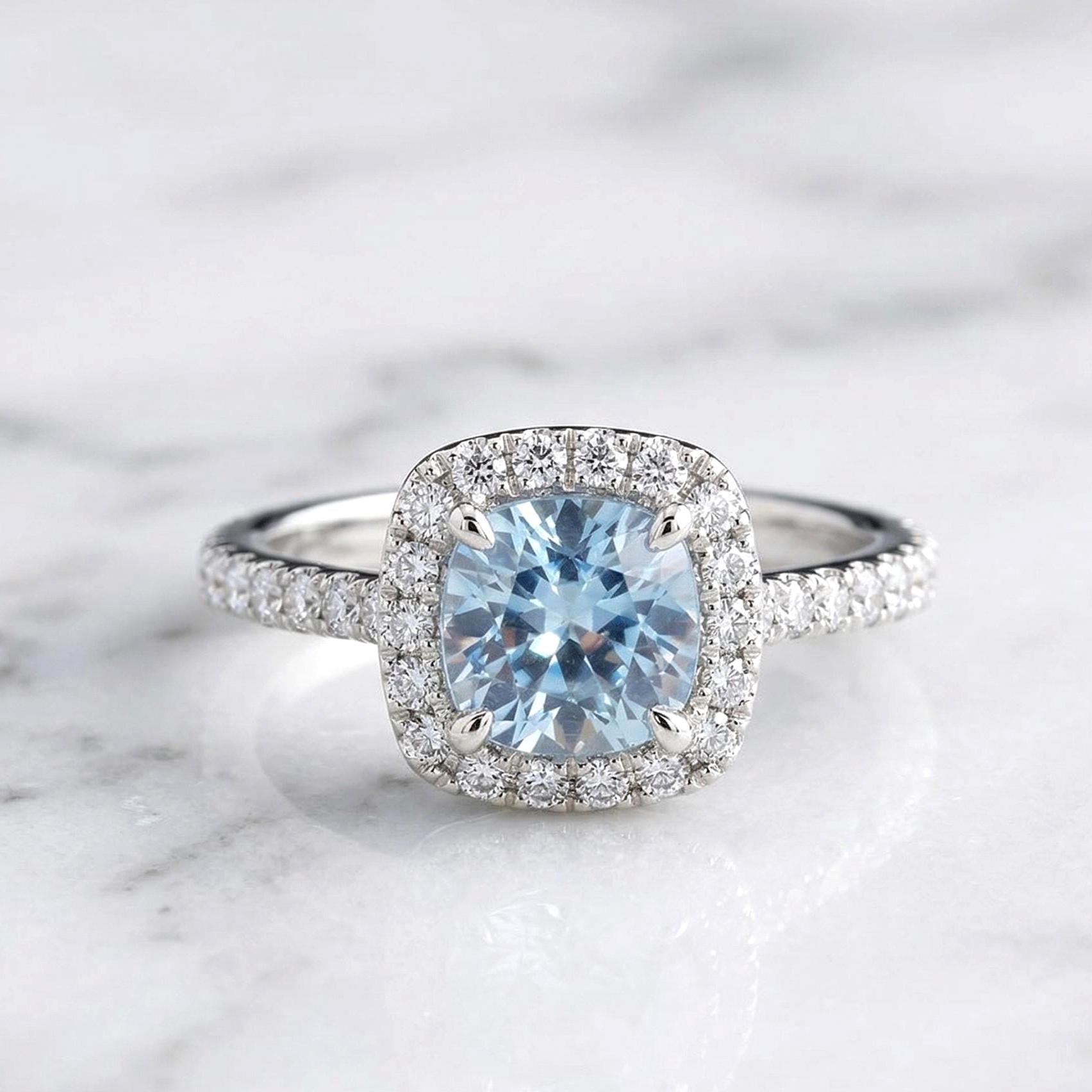 1.25 Ct Round Diamond, Aquamarine Halo Engagement Ring