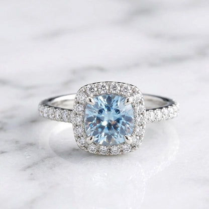 1.25 Ct Round Diamond, Aquamarine Halo Engagement Ring