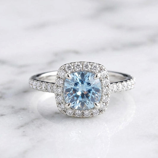 1.25 Ct Round Diamond, Aquamarine Halo Engagement Ring