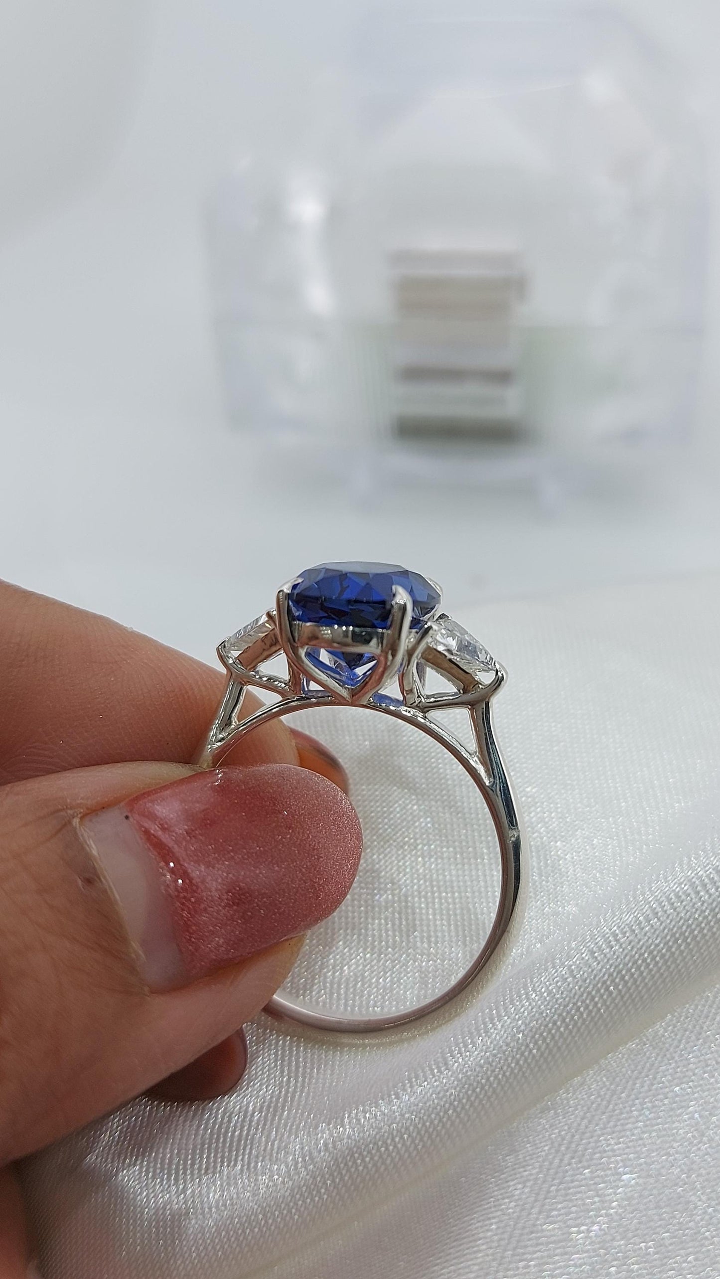Oval Blue Diamond, Sapphire Halo Engagement Ring Oval cut 1Ct Natural Sapphire engagement ring in 935 Argentium Silver — custom handcrafted by Forever For Love