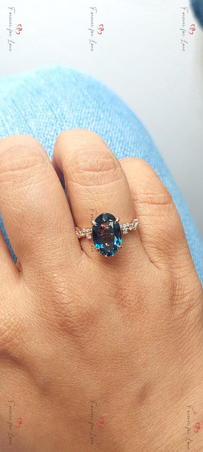 Oval Blue Diamond, Topaz Solitaire Ring