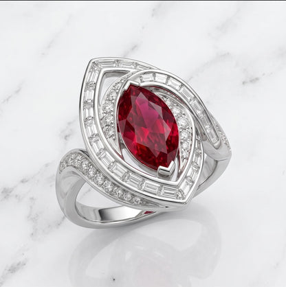 2.5 ct Ruby Pear Ring 14K solid gold Ring, Baguette and Round Lab Diamond, Minimalist Ring, Pear ring, Chunky ring, Gift for her.
