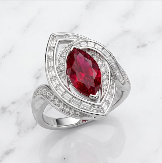 2.5 ct Ruby Pear Ring 14K solid gold Ring, Baguette and Round Lab Diamond, Minimalist Ring, Pear ring, Chunky ring, Gift for her.