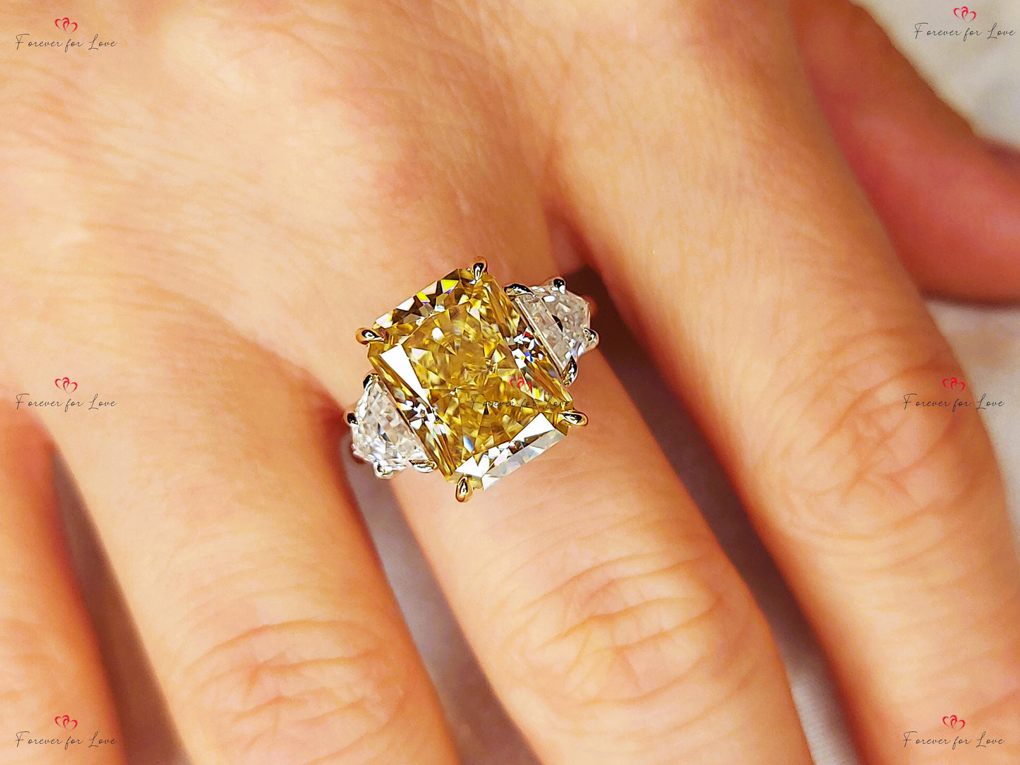 Bague de promesse en moissanite radiante 6 carats avec anneau éternité Radiant cut 1Ct Moissanite taille brillant engagement ring in Gold or Platinum — custom handcrafted by Forever For Love