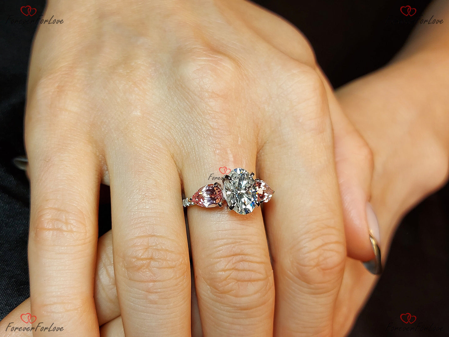 2.5 Ct Oval Pink Moissanite, Sapphire Three Stone Engagement Ring Oval cut Moissanite engagement ring in Gold or Platinum — custom handcrafted by Forever For Love