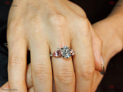 2.5 Ct Oval Pink Moissanite, Sapphire Three Stone Engagement Ring