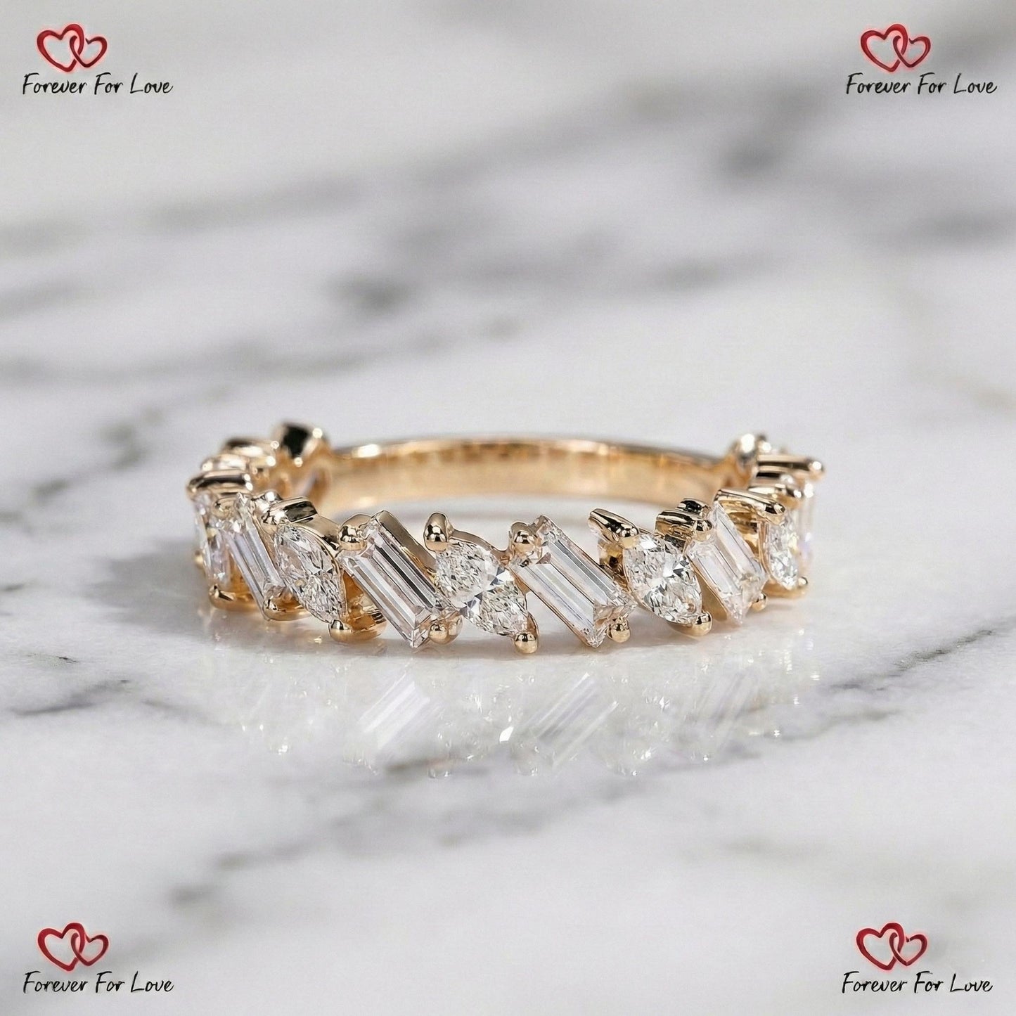 Bague de Fiançailles en Diamant de Laboratoire Taille Baguette Baguette cut Moissanite taille brillant engagement ring in Gold or Platinum — custom handcrafted by Forever For Love
