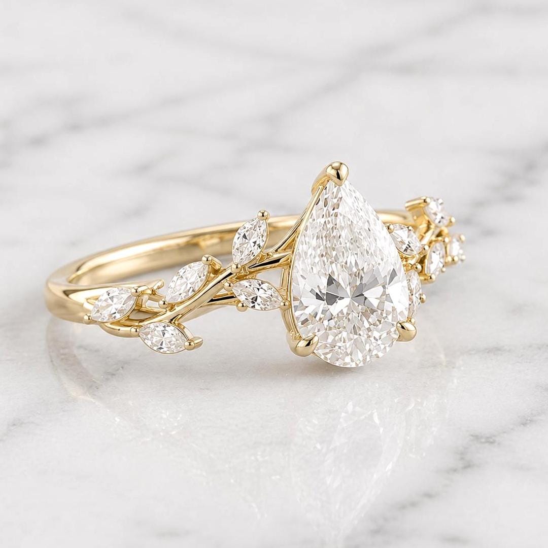 14k Solid Gold Pear Cut Diamond Engagement Ring, Nature Inspired Lab Grown Diamond Ring for Women, Handmade Anniversary Gift for Her