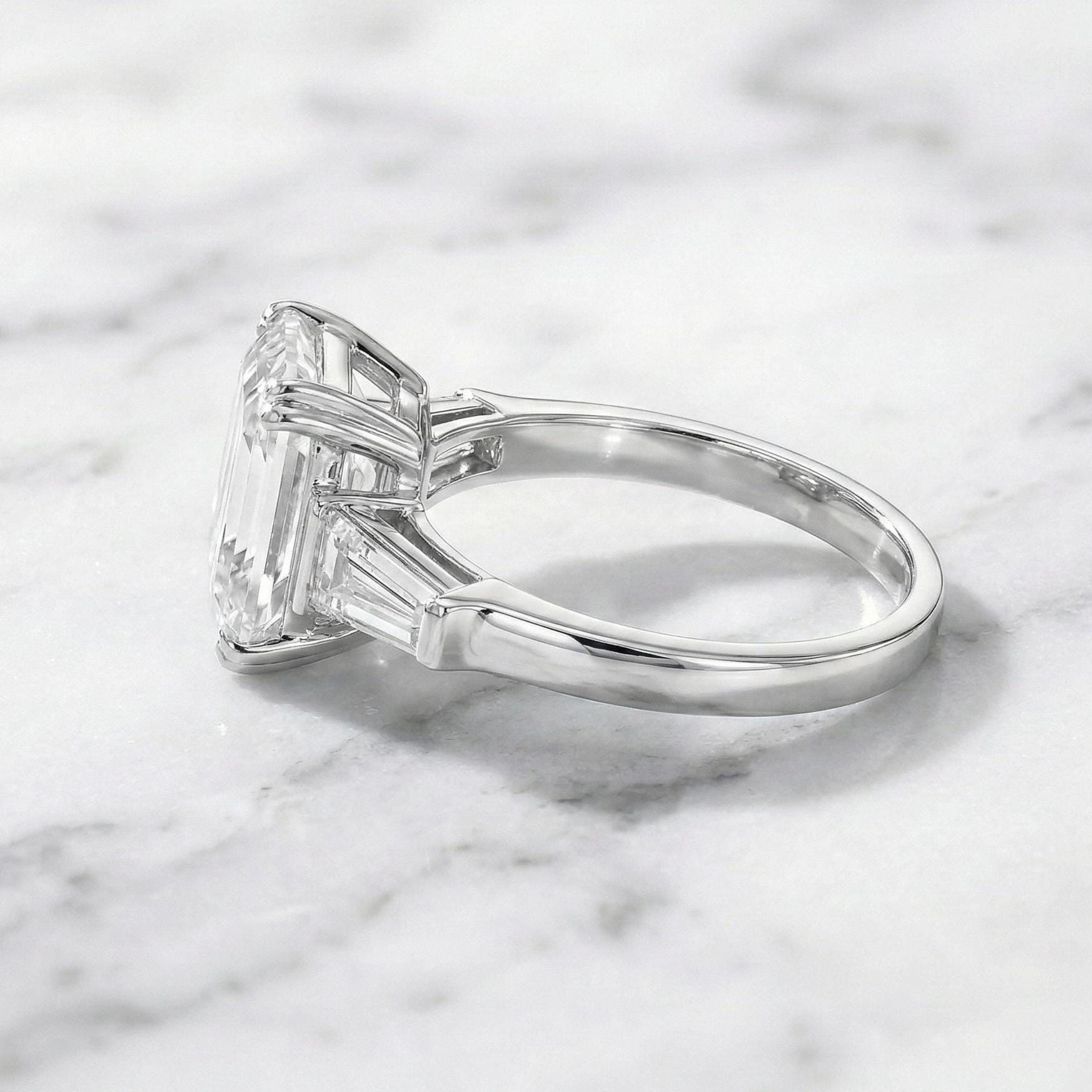 3.5 carat D color VVS2 Clarity IGI CERTIFIED Asscher Cut Three Stone Lab Grown Diamond Engagement Ring, Side Baguettes 14k White Gold