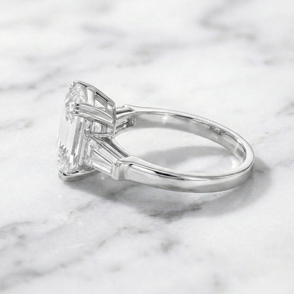 3.5 carat D color VVS2 Clarity IGI CERTIFIED Asscher Cut Three Stone Lab Grown Diamond Engagement Ring, Side Baguettes 14k White Gold