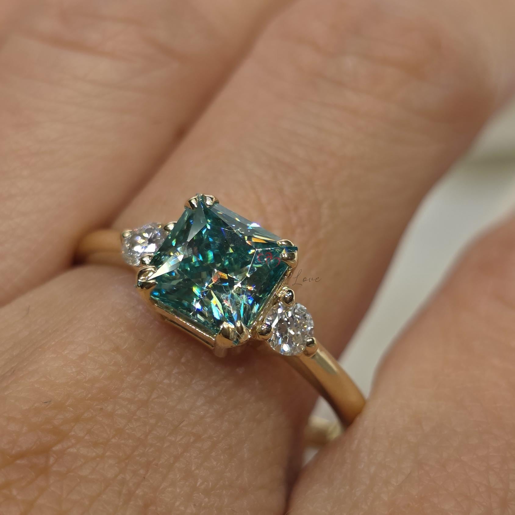 2 Ct Green Moissanite Three Stone Engagement Ring