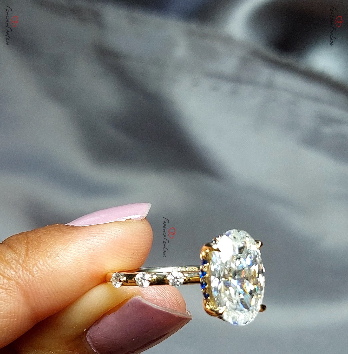 4 Ct Oval Moissanite Hidden Halo Engagement Ring Oval cut 1Ct Moissanite Brilliant Cut engagement ring in 935 Argentium Silver — custom handcrafted by Forever For Love