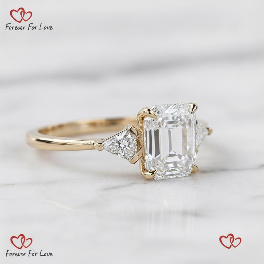 Bague de Fiançailles Diamant de Laboratoire Émeraude Certifié IGI 3.2 Ct avec Accents Cerf-Volant Emerald cut 1Ct Moissanite taille brillant engagement ring in Gold or Platinum — custom handcrafted by Forever For Love