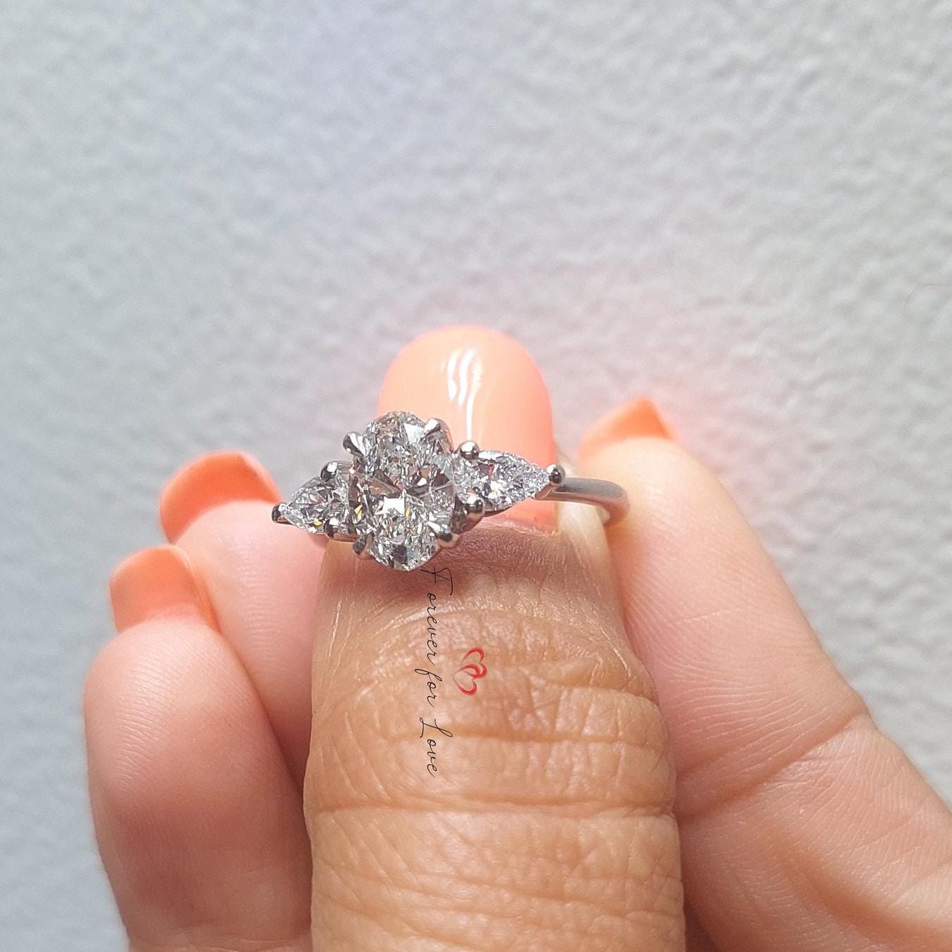 2 Ct Oval Lab Diamond Three Stone Trilogy Engagement Ring Oval cut Moissanite engagement ring in Gold or Platinum — custom handcrafted by Forever For Love