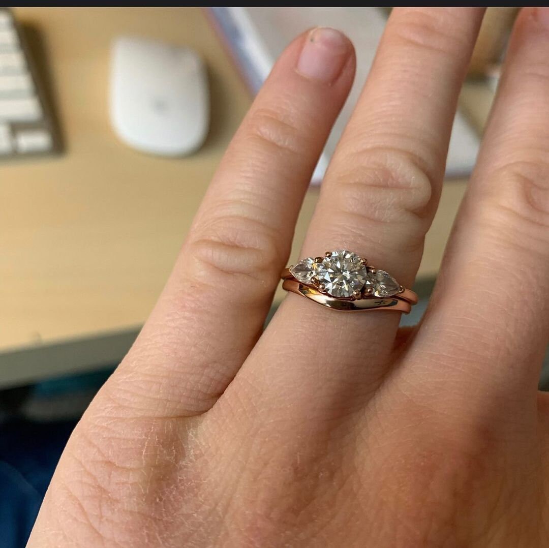 1.50 Ct Pear Lab Diamond Three Stone Engagement Ring Pear cut Moissanite engagement ring in Gold or Platinum — custom handcrafted by Forever For Love