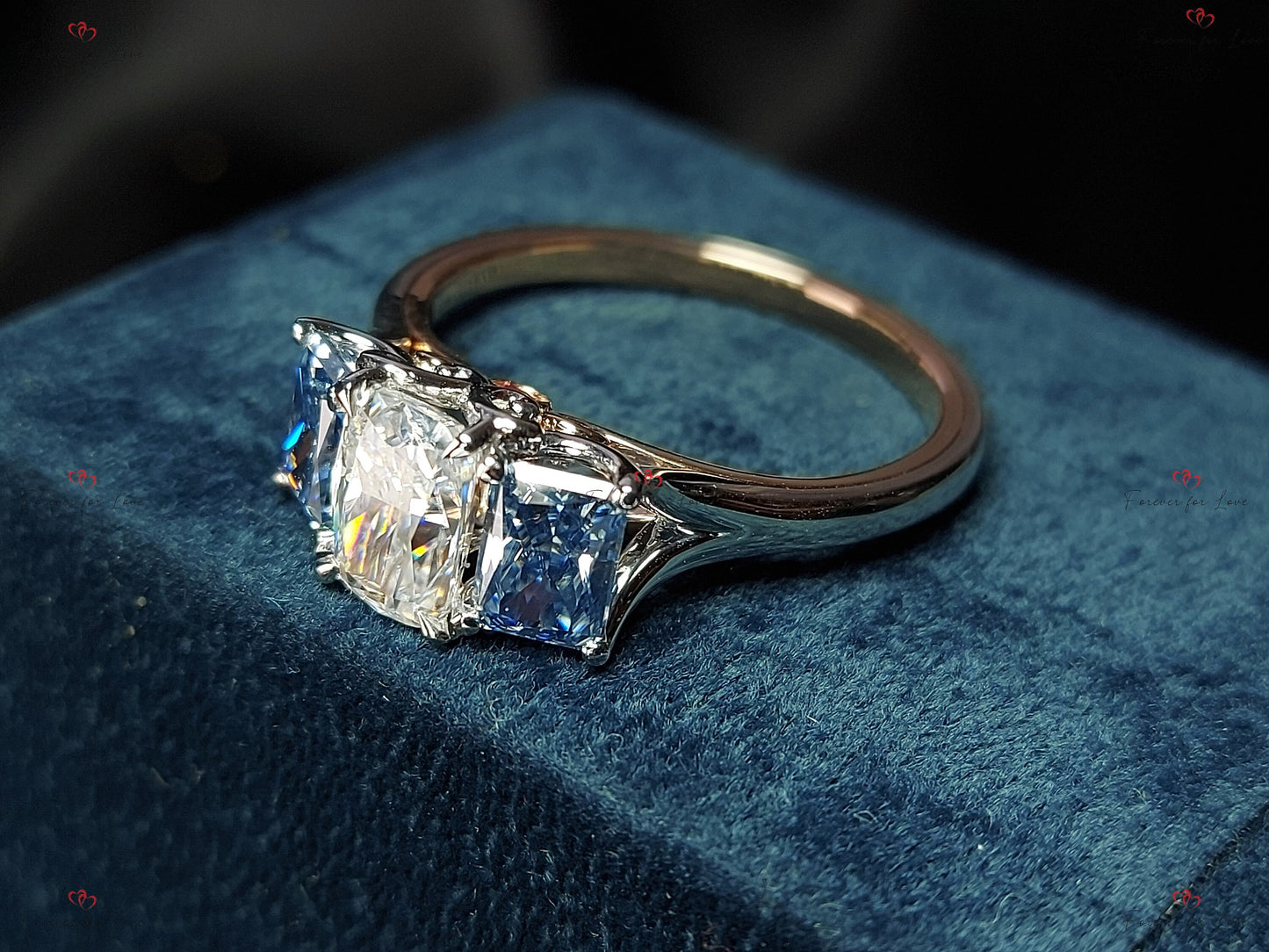 Radiant Moissanite Three Stone Engagement Ring Radiant cut Moissanite engagement ring in Gold or Platinum — custom handcrafted by Forever For Love