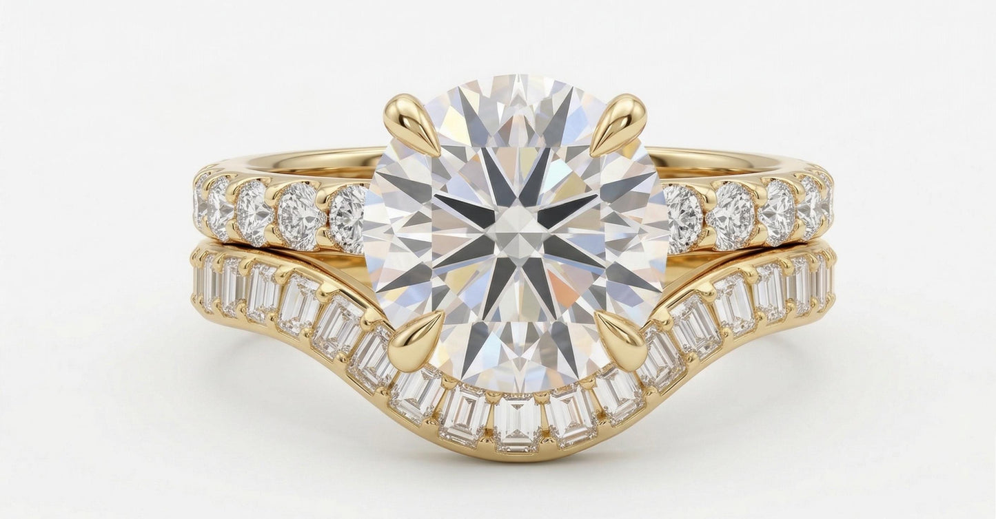 Bague de fiançailles avec diamant baguette certifié IGI de 2 ct Baguette cut Moissanite taille brillant engagement ring in Gold or Platinum — custom handcrafted by Forever For Love
