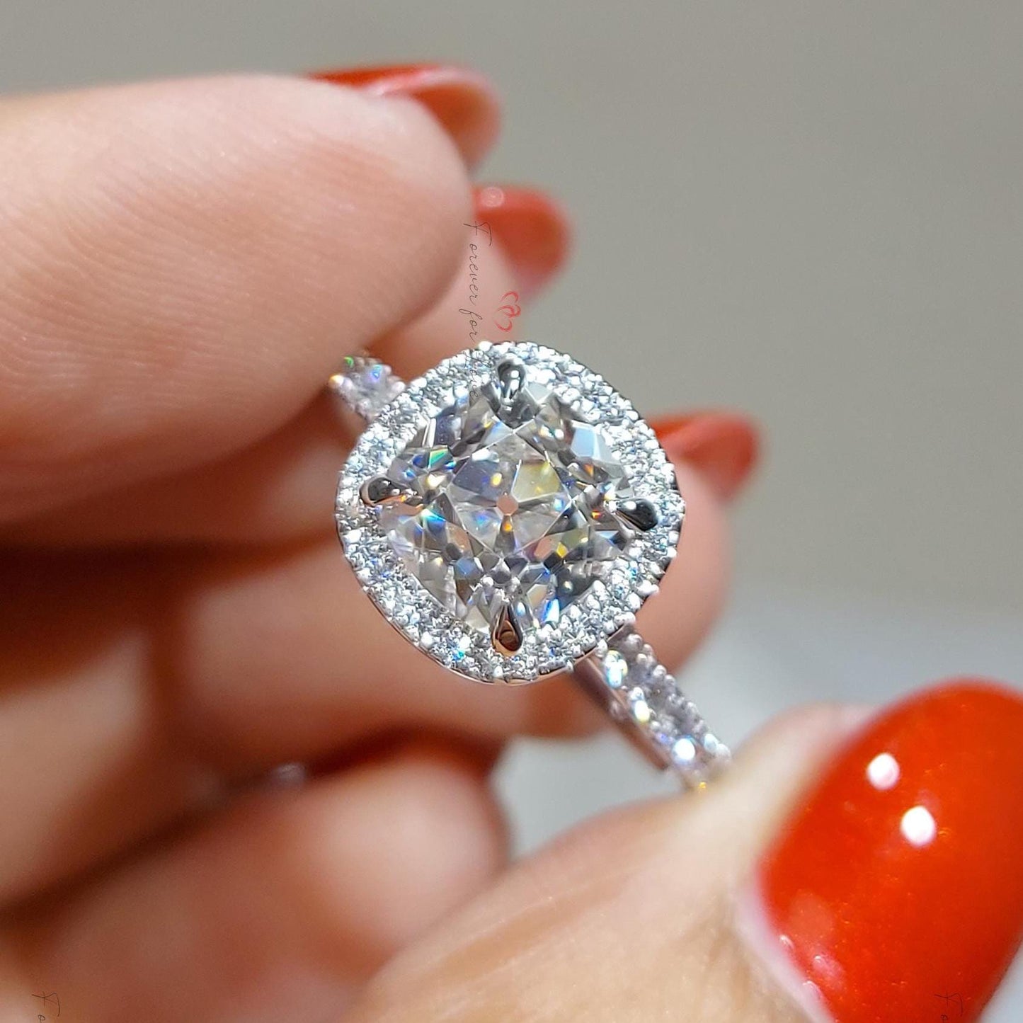 2 Ct Cushion Old Mine Cut Moissanite Halo Engagement Ring Cushion cut 1Ct Moissanite Brilliant Cut engagement ring in 935 Argentium Silver — custom handcrafted by Forever For Love