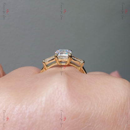 Three Stone Emerald Cut Moissanite Engagement Ring Emerald Cut and tapper baguette Moissanite Ring, Three Stone Wedding Anniversary Ring.