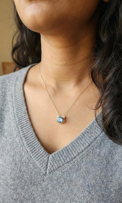Aquamarin runder und birnenförmiger Diamant-Katzen-Halskette, IGI-zertifiziertes 14k Gelbgold, Labor-Diamant, Katzen-Anhänger, perfektes Geschenk