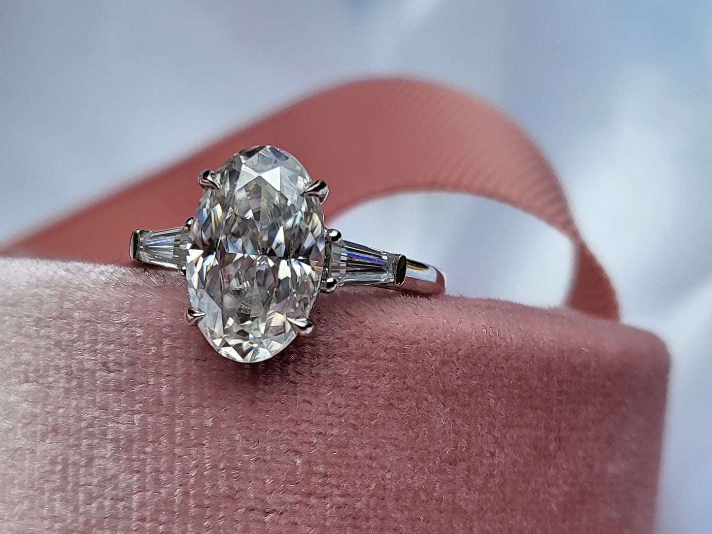 Oval Cut tapered baguette Moissanite Engagement Ring 3CT Moissanite Ring Unique Three-Stone Anniversary Gift Vintage Style Promise Ring. Oval cut Moissanite engagement ring in Gold or Platinum — custom handcrafted by Forever For Love