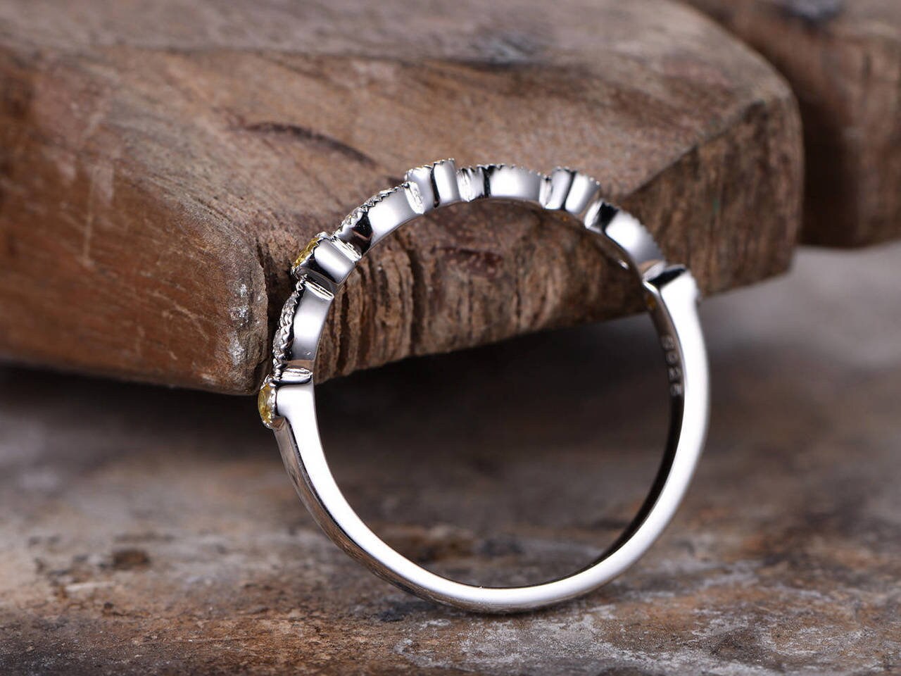 Round Natural Diamond, Citrine Half Eternity Band