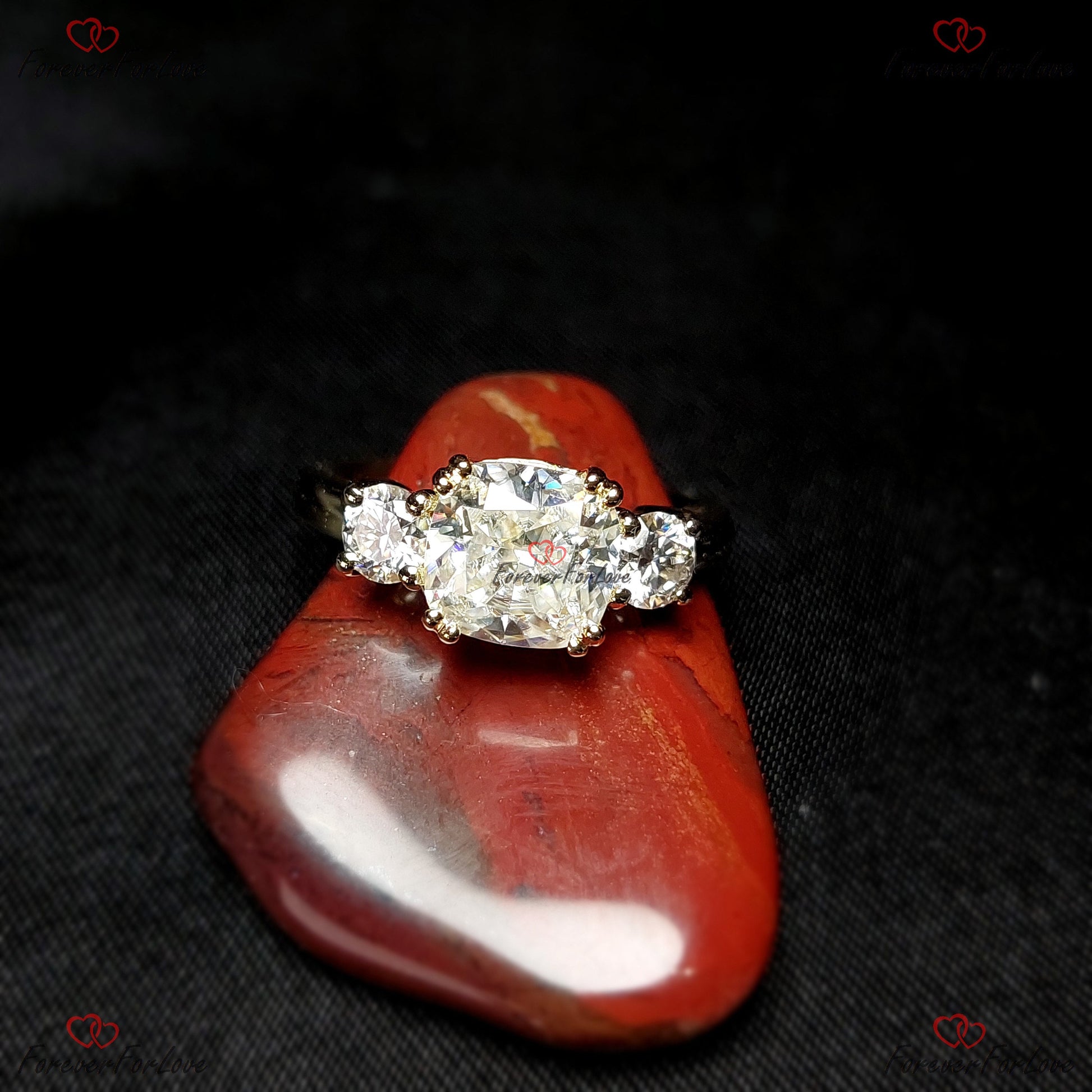 Cushion Moissanite Three Stone Engagement Ring