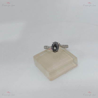 Vintage Oval rose cut salt and pepper Diamond Engagement Ring Solitaire Salt and Pepper Engagement Ring white Gold Proposal Promise Ring.