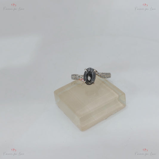 Vintage Oval rose cut salt and pepper Diamond Engagement Ring Solitaire Salt and Pepper Engagement Ring white Gold Proposal Promise Ring.