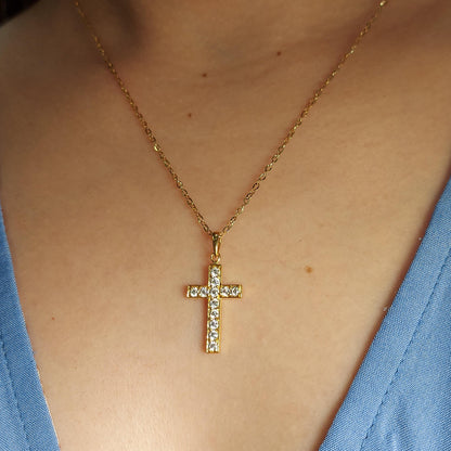 Halskette mit Moissanit-Kreuz aus 14 Karat Massivgold für Damen, Kreuz-Anhänger, religiöser Schmuck, christlicher Glaube Anhänger, Kreuz-Geschenk für Frauen