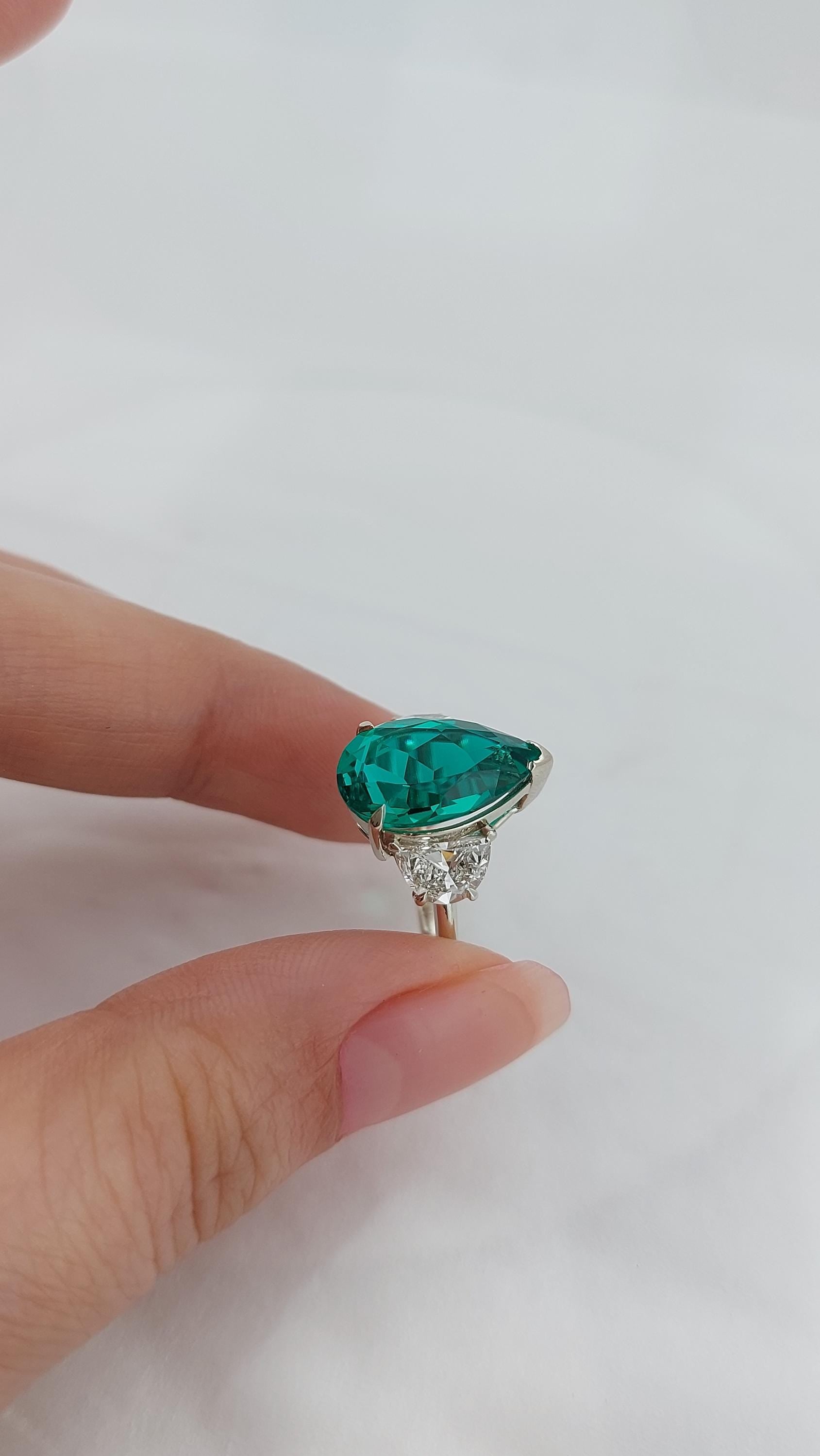 Pear Diamond, Emerald, Moonstone Engagement Ring