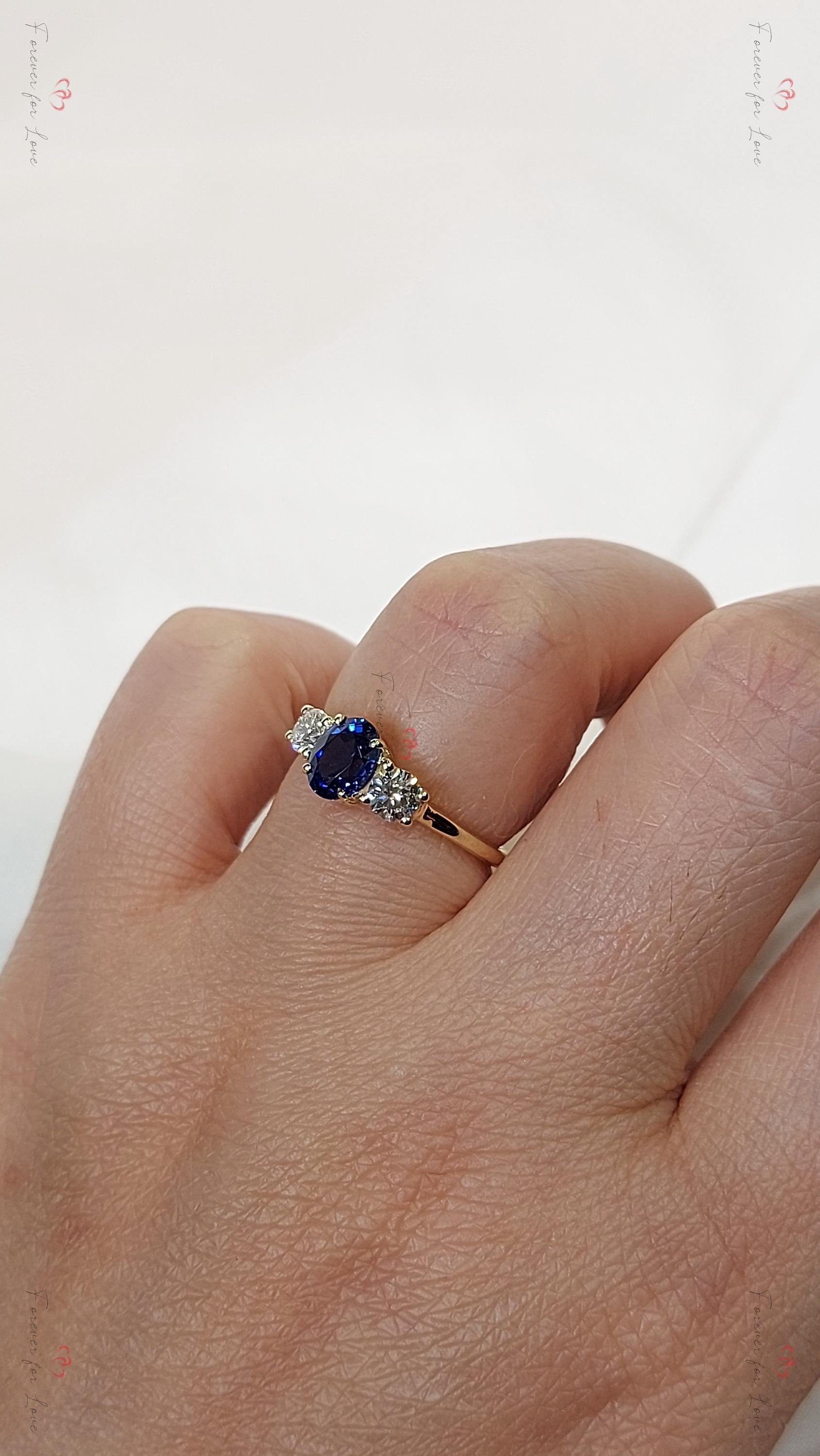 Round Blue Lab Diamond, Sapphire Three Stone Ring